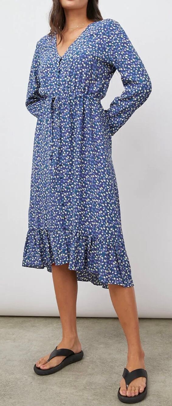 Rails Midi Dress Jade Navy Blue Ditsy Floral Long Sleeve Ruffle Hem size Small